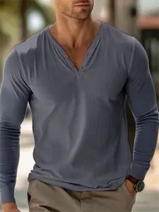 Men's Linen Long Sleeve Henley Shirt, Casual V Neck Button Front Top, Soft Comfortable Daily Wear, Outdoor Travel & Vacation Essential，Fall outfits