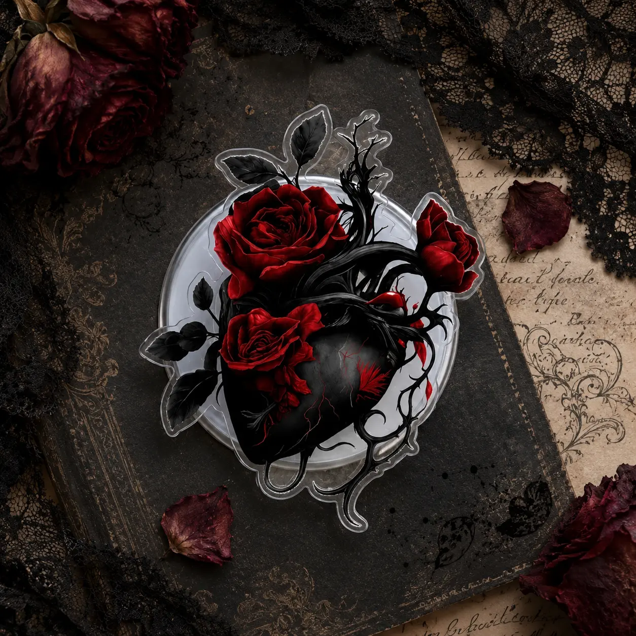 Goth Lover Phone Grip Anatomical Heart Acrylic Holder Dark Rose Flower Retractable Expanding Stand Gothic Vampire Gift