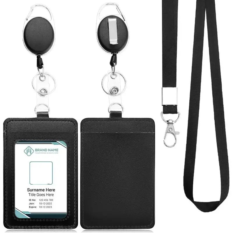 PU Leather Pass Work Card Cover Working Permit Case Sleeve Badge Holder Badge Reels Retractable Black ID Tag Lanyard for Staff Card Clip Neck Strap Id Badge Holder With Lanyard