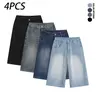 Pack of 4 men’s casual retro denim shorts—7/8 length—with a washed distressed finish and pocket design; loose fit that can accommodate a belt for everyday casual wear and sports.