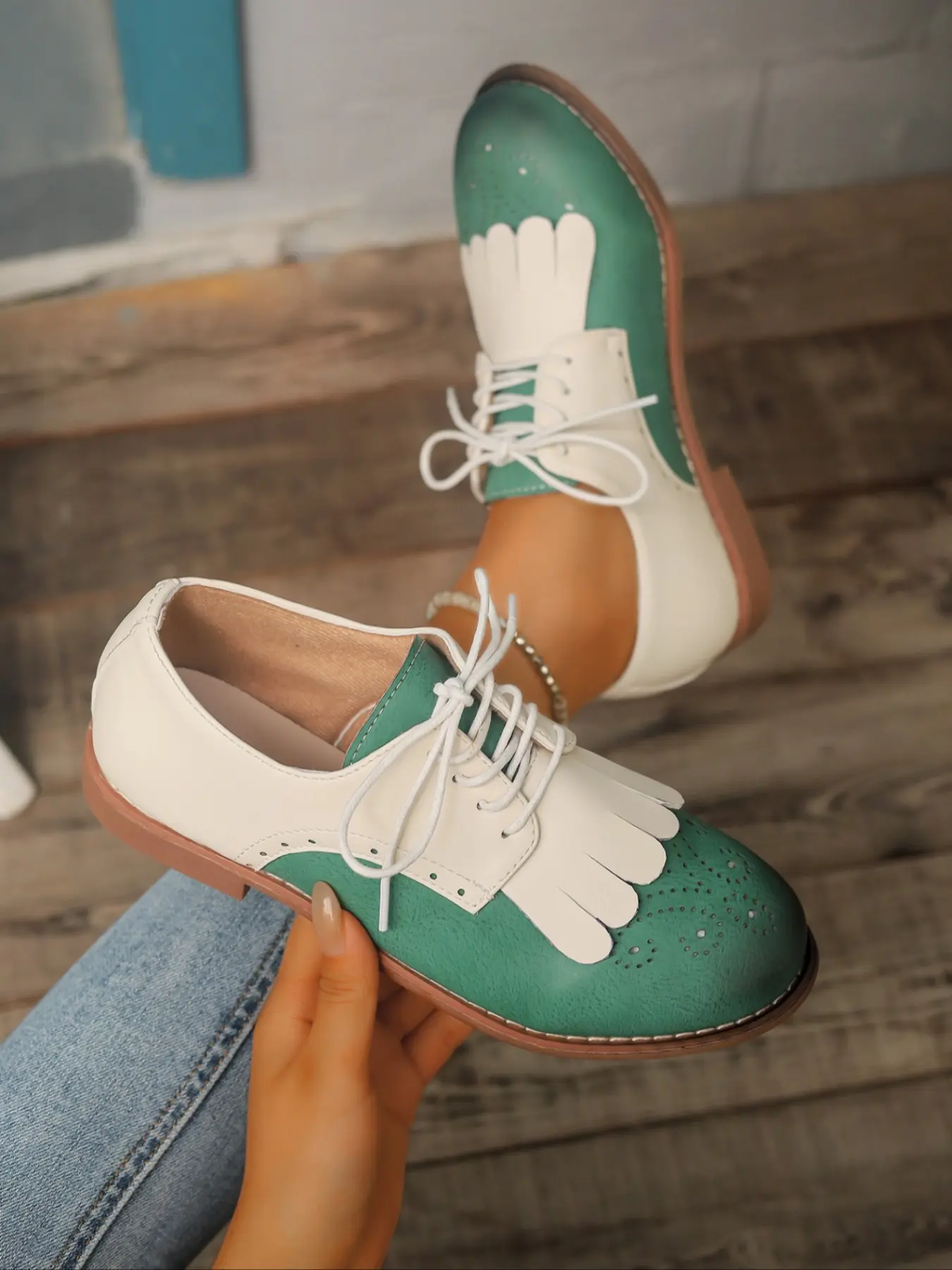 Women's Fashion Retro Floral Round Toe Oxford Colorblock Lace-Up British Style Shoes, Casual Comfortable Leather Pumps for All Seasons Lace Up Oxfords