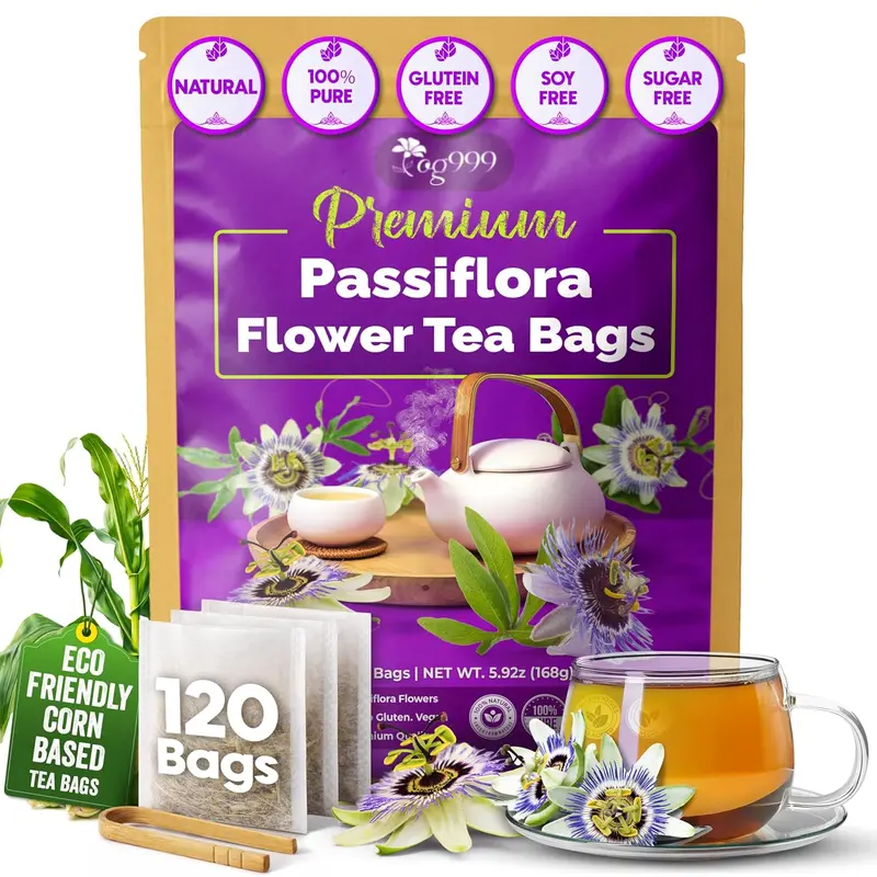 【FreshDrinkUS】 120 Pasiflora Pasion Flower Tea Bags, 100% Natural & Pure Pasiflora Passion Flower. Passion Flower Herbal Tea. Pasiflora Flower Tea. No Sugar, No Caffeine, No Gluten, Vegan. Beverage