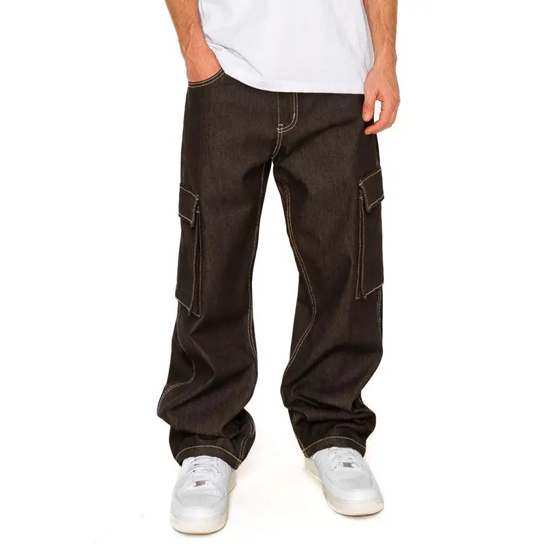 VICTORIOUS Men's Baggy Fit Raw Denim Cargo Jeans - Menswear Mens Clothing Wide Leg Pants, Casual Streetwear, Raw Denim Texture Edge, Secure Zip Fly With Button, Plain Look