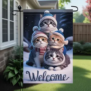 Festive Winter Welcome Flag with Adorable Cats in Hats - Weatherproof Decor for Garden, Lawn - Household Items Decor - No Flag Pole Included