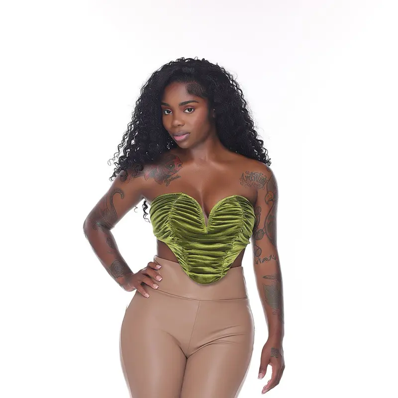 Green Velvet Heart-Shaped Bustier Top with Ruched Design for Women