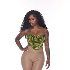 Green Velvet Heart-Shaped Bustier Top with Ruched Design for Women