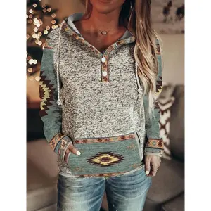 Vintage Ethnic Print Hoodie Vintage Western Ethnic Print Drawstring Hoodie - Long Sleeve Kangaroo Pocket Sweatshirt Women's Clothing