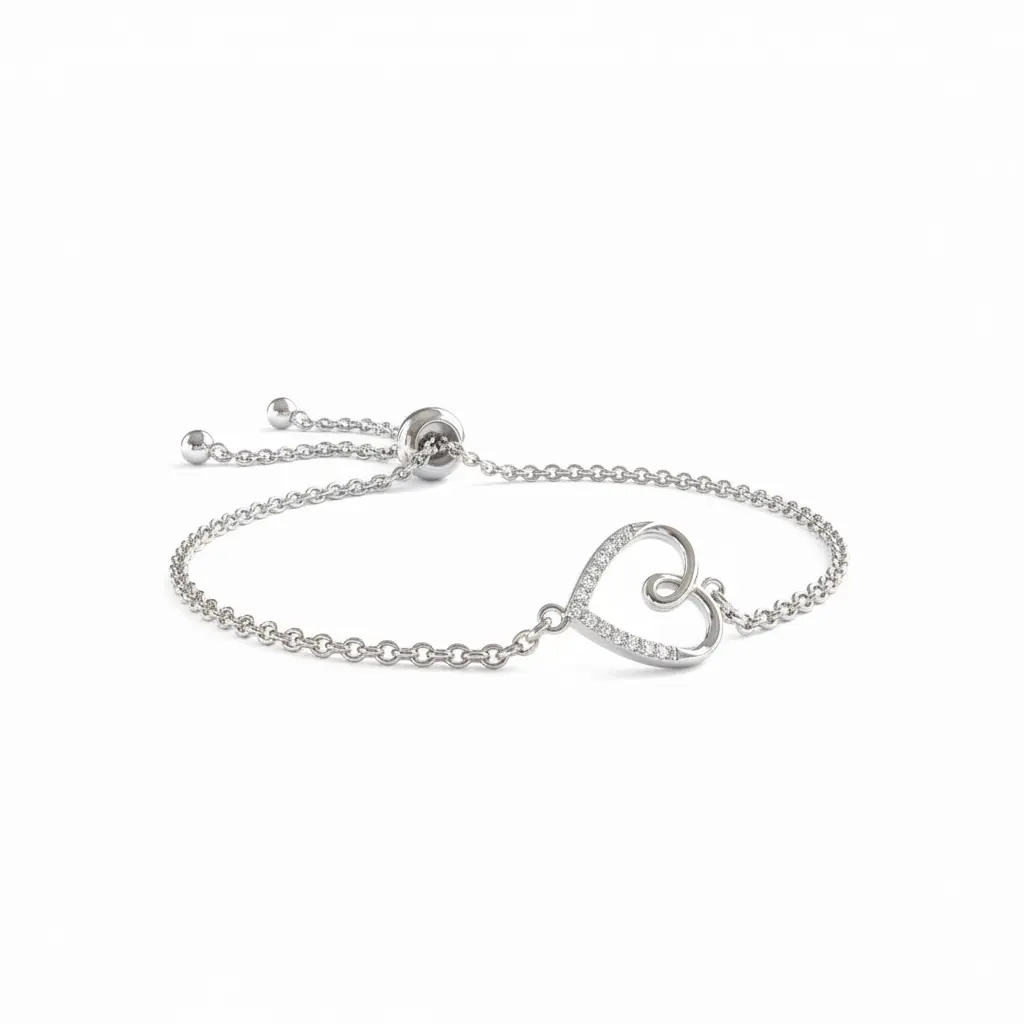 Sideways Heart Diamond Bolo Bracelet Rhodium Plated 925 Silver Adjustable 9.5in