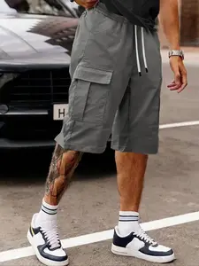 Men's Solid Flap Pocket Cargo Shorts, Regular Fit Casual Comfy Breathable 3/4 Length Shorts for Summer, Men's Bottoms for Daily Wear, Casual Drawstring Shorts, Casual Sport Shorts