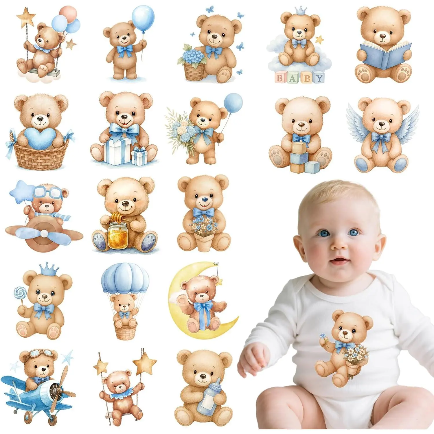 Dtf Transfers Ready to Press - 20 count Brown Bear Iron on Patches, Cute  Blue Balloon Iron on Stickers, Heat Transfer Vinyl Decals for  Bodysuit Onesie Bibs DIY  Shower Decor