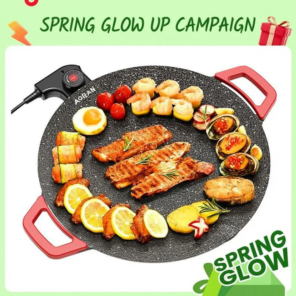 AORAN KITCHEN 1500W Portable Electric Korean Smokeless Non-stick Indoor Grill Pan - Buy 1 Get 6 Complete Barbecue Gift Set, Adjustable Temperature Control, Universal Fry Griddle, Portable Barbecue Grill, Kitchen Gadgets for Home Cooking Teppanyaki Grill