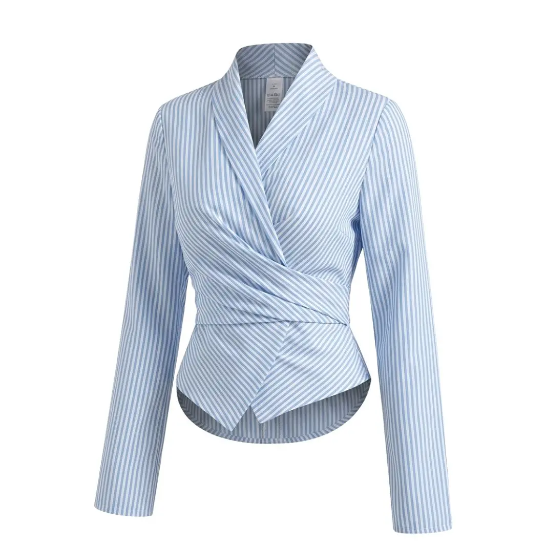 Lumière Valette Sculpted Wrap Blouse – Elegant Tailored Pinstripe Long Sleeve Top for Women