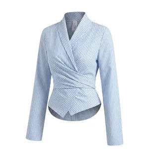 Lumière Valette Sculpted Wrap Blouse – Elegant Tailored Pinstripe Long Sleeve Top for Women
