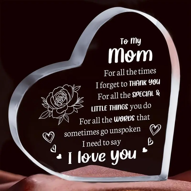Heart-Shaped Acrylic Souvenir for Mom, Acrylic Plaque Sign, Acrylic Signage Plaque, Personalized Mother's Day Gift with Floral & Letter Design "I Love You, Mom", Holiday Keepsake, Ideal for Mom on Mother's Day, Birthdays & Christmas, Home Decor