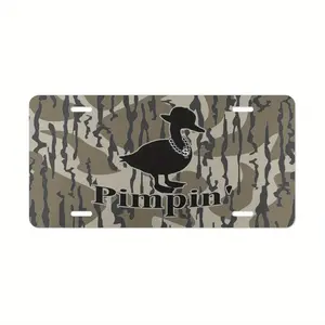 Sandy Bottom Camo with "Pimpin' Duck" Vanity Plate, License Plate, Gifts for Him, Hunting Gifts, Duck Hunting, Aluminum Front License Plate- 6x12-inch polished metal standard plate, easy to install, car trim accessories, for decor only, Made in USA