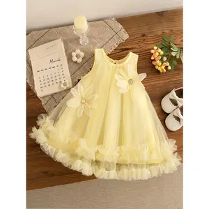 NewGirl's Dress Summer New Sleeveless Mesh Breathable Birthday Party Vibrant 3D Flower Solid Color Wedding Flower Girl Dress Children's Gift