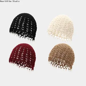 Women's Handmade Crochet Beanie - Spring/Summer Openwork Knit Hats for Women - Ethnic-Style Tassels, Floral Accents, Tie-Straps, Versatile Pullover Sports & Outdoor Hat