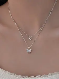 Elegant Butterfly Design Double Layer Clavicle Necklace, Fashion Jewelry for Women, Perfect Gift for Any Occasion