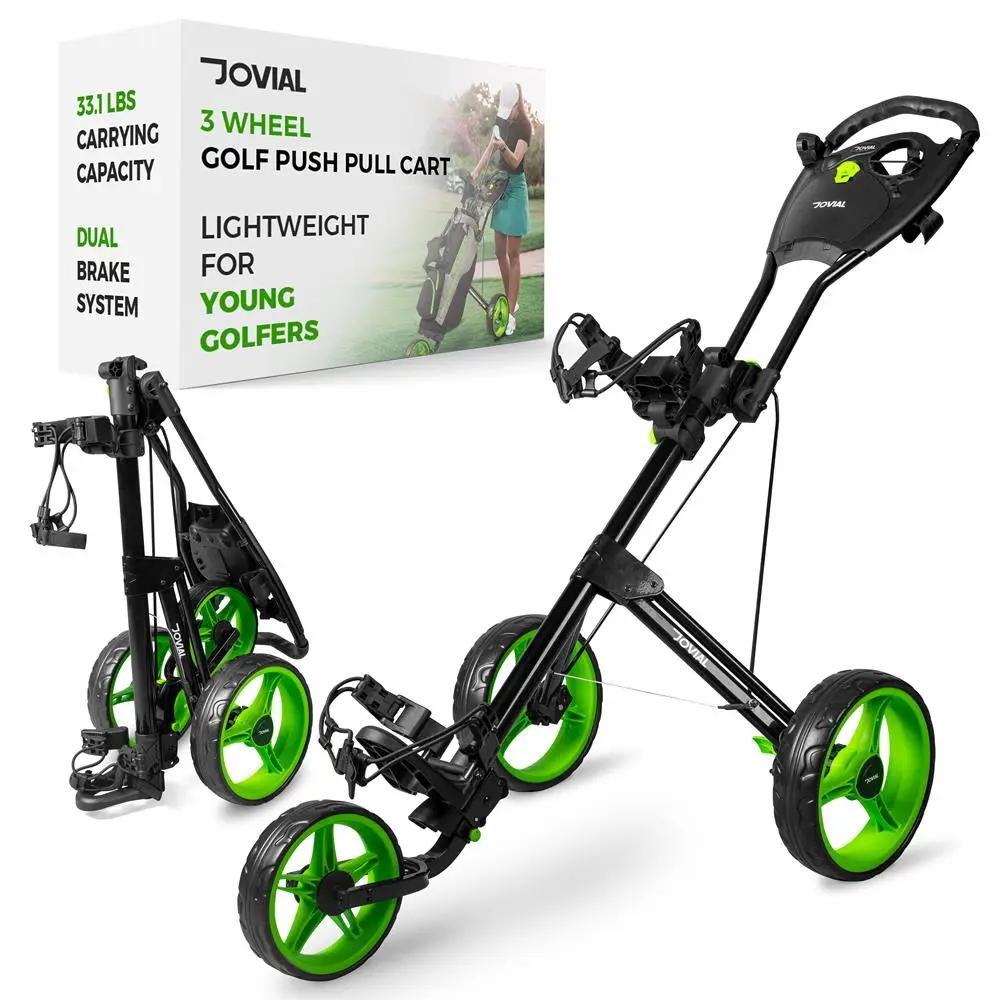 Foldable 3-Wheel Junior Golf Push Cart | Lightweight Aluminum Frame Golf Trolley with Adjustable Handle, Quick Brake System, Scorecard Holder & Bag Holder – Compact Golf Cart for Easy Storage and Transportation