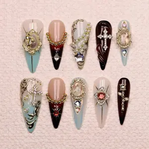 Cross with Angel Design Press On Nails Custom Handpainted Chrome Aurora Virgin Mary Long Stiletto Nails Christmas Birthday Vacation Holiday Nail Art Kit Nail Box