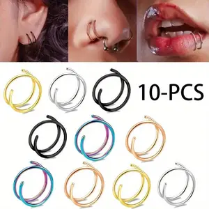 10PCS Classic Double Hoop Nose Ring Stainless Steel Jewelry Set Single Piercing Spiral Nose Ring Hoop Lip Rings Colorful Nose Piercing Jewelry Women/ Men Body Piercing Jewelry Set