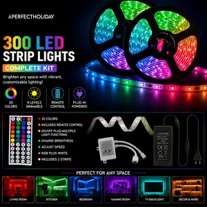 Perfect Holiday LED Strip Lights Complete Kit Color Changing Remote Control 300 LED 32FT Indoor Ambient Lighting