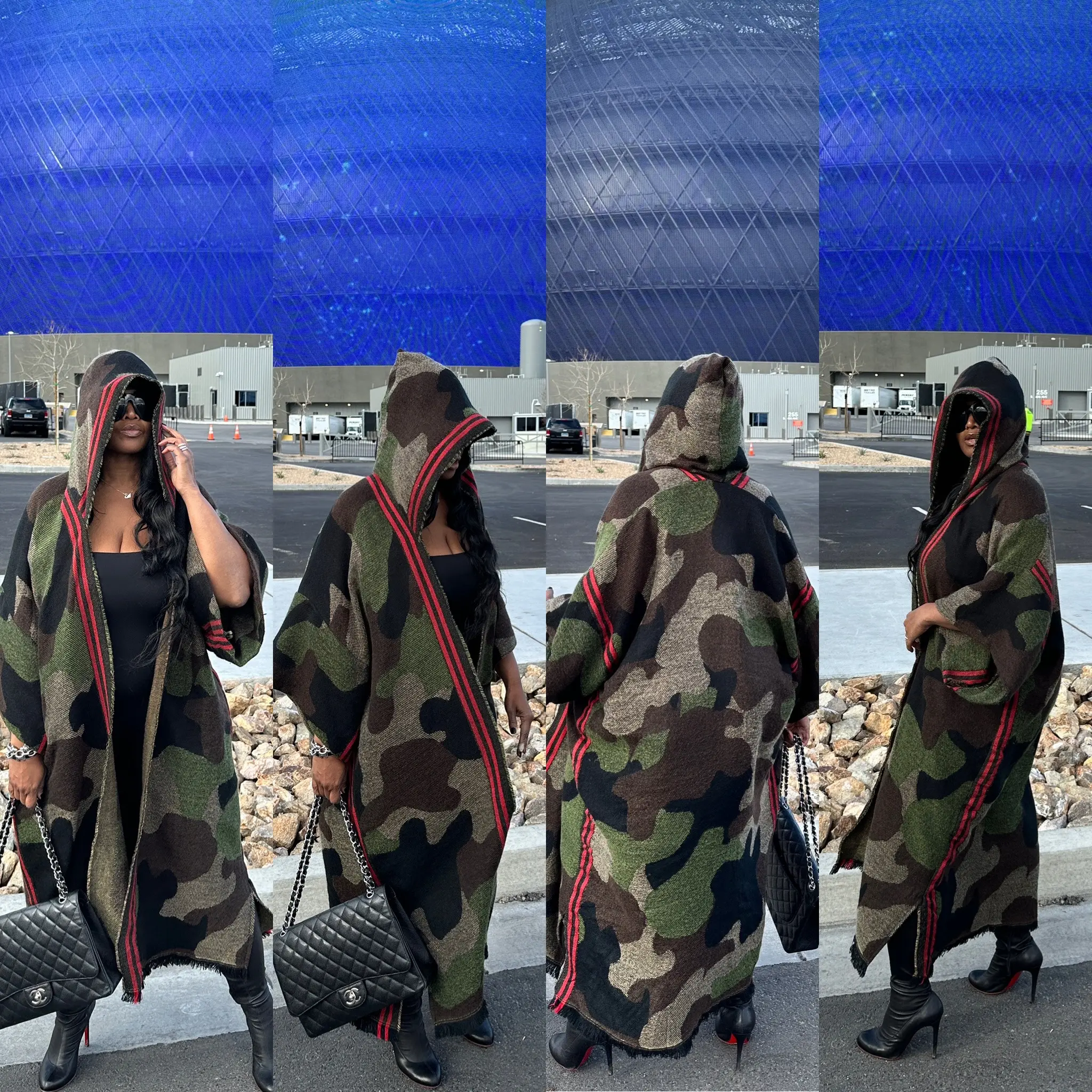 Hooded Camo Is The New Black Winter Open Front Long Cardigan - Black Chocolate Brown Olive Blend up to 4X