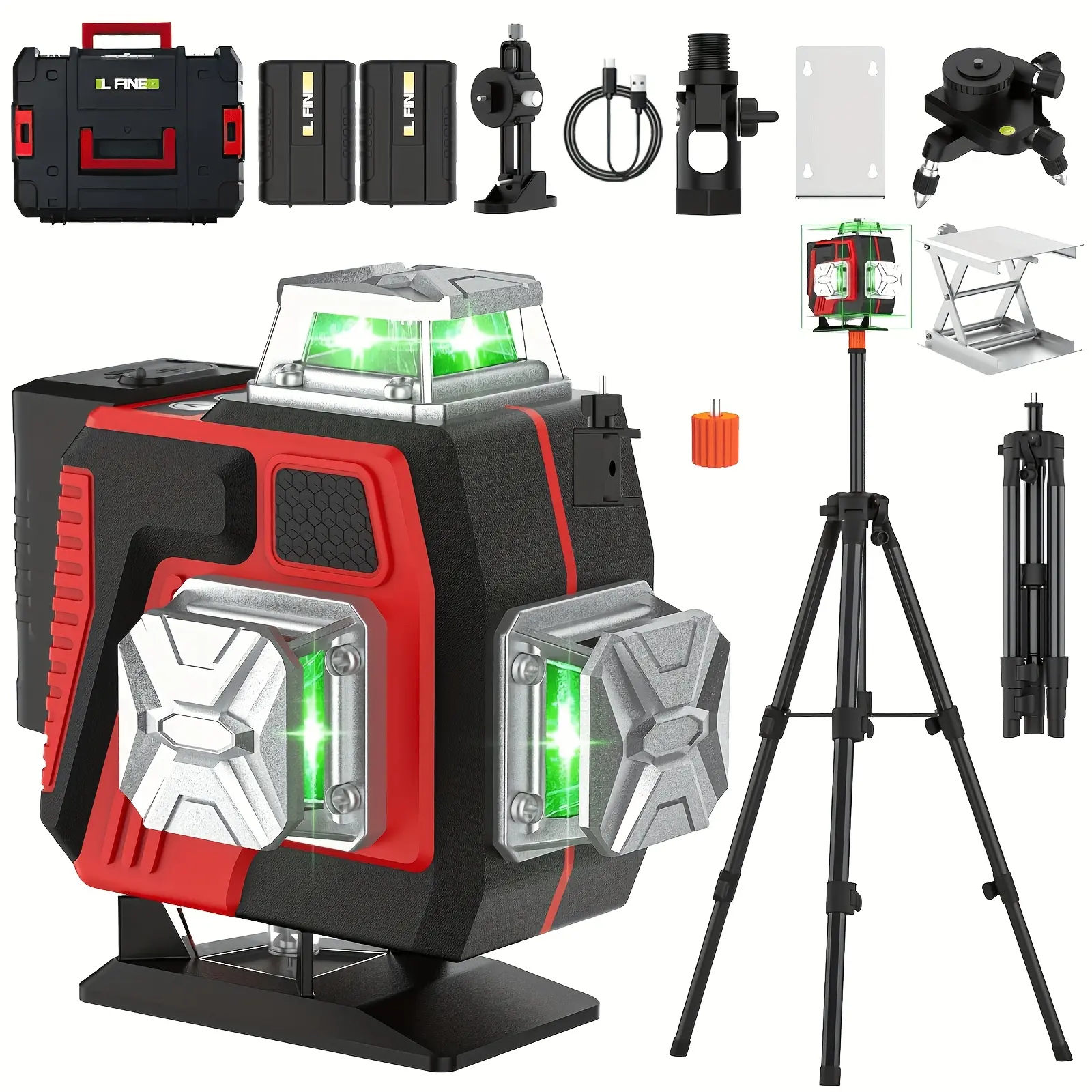 L FINE Green 16-Line 360° 4D Cross Line Self-Levelling Laser Level Unit, Rechargeable Green Laser Combo Work Tool Kit with Tripod for Construction, Tile Installation (Tools & Hardware)