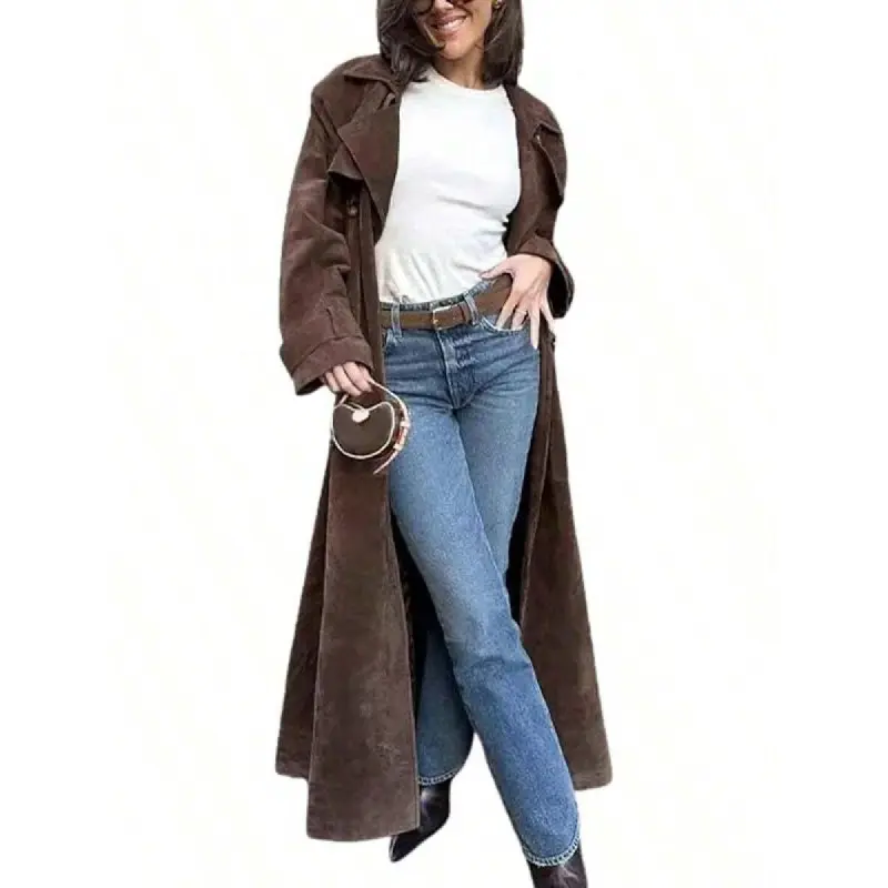 Womens Faux Suede Long Trench Coat Notched Lapel Double Breasted Pea Coat Overcoat With Belt Casual Regular Fit Long Sleeve Medium Length Brown Cotton