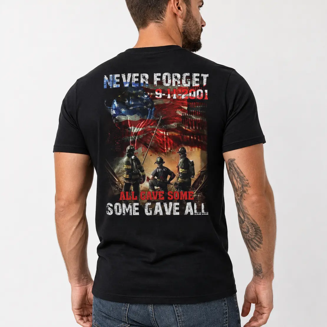 Unisex 9-11 25th Anniversary Memorial T-Shirt, Never Forget Twin Towers WTC Tribute, Patriotic Back Print September 11 Remembrance Top