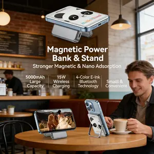 Portable AI E Ink Wireless Display with Built in 5000mAh Power Bank Magnetic Foldable Charger Stand 15W Fast Charging PD 20W Type C Glare Free Easy Read in Any Lighting for Office Home Travel Flight and Daily Phone Charging Needs