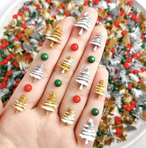 Christmas Tree Nail Charms 200 Pcs Gold Silver Red Green Beads Rhinestones Flat Back Winter Xmas Nail Jewels Resin for Women New Year Holiday Nail Diamonds