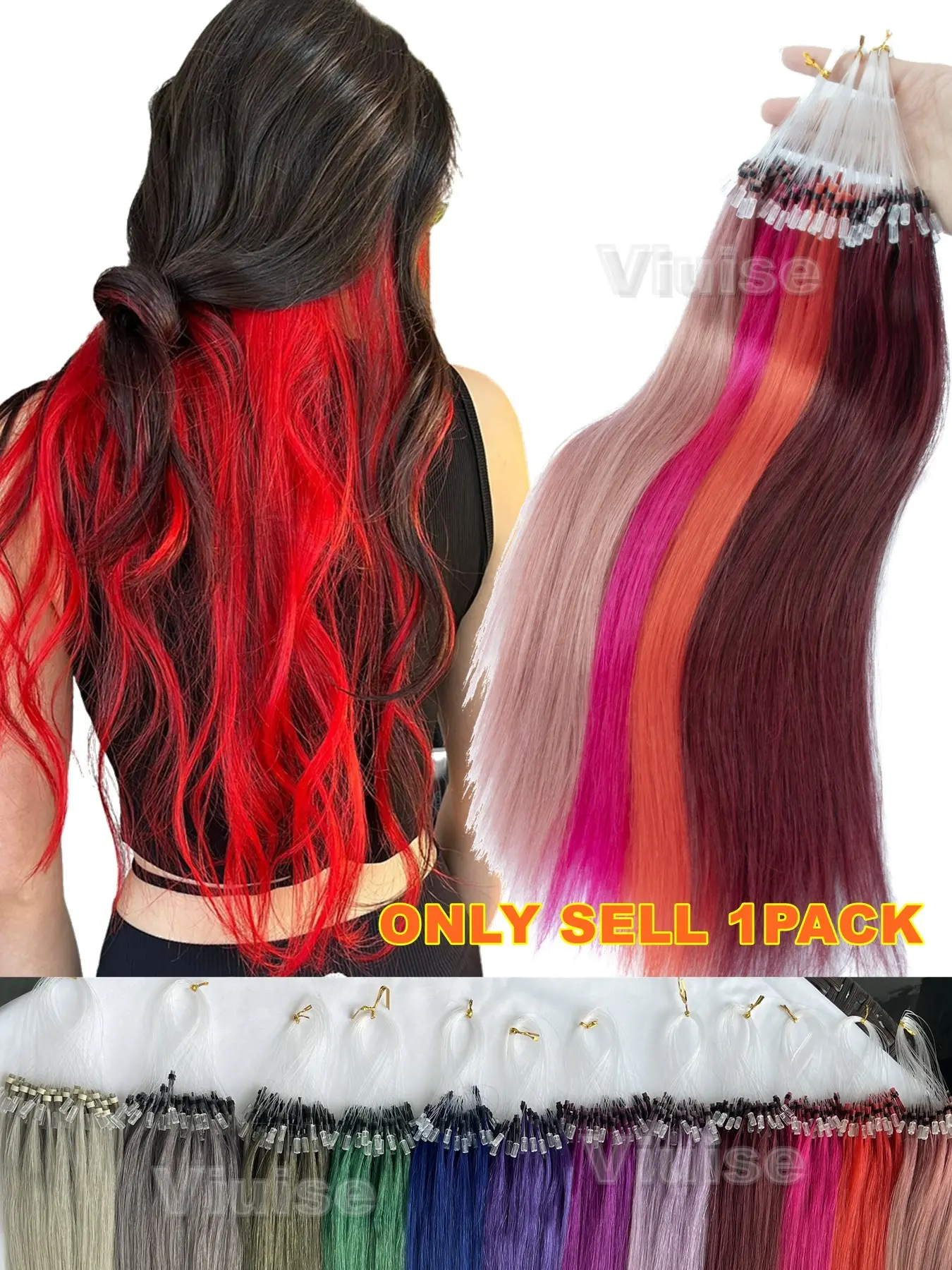 30g Grey/Blue/Green/Purple/Pink Human Hair Micro Loop Human Hair Extensions, Fishline Human Hair With Micro Beads, Microbead hair extensions, 50pcs/pack, Daily Highlight Hair Style, Party Hair Style, 12inch-20inch Microloop Human Hair