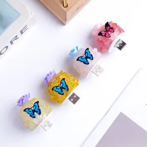 Natural Crystal Rolling Stone Butterfly Night Lamp, Aromatherapy Demagnetized Stone, Atmosphere Home Decoration, Healing Crystal Gift
