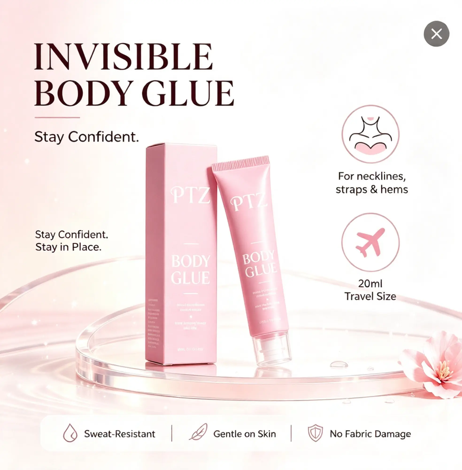 Liquid Invisible Body Clothing Adhesive, Gentle Anti-Slip Fashion Glue Prevent Clothes Slipping for Deep V, Tube Tops, Strapless & Backless Dresses