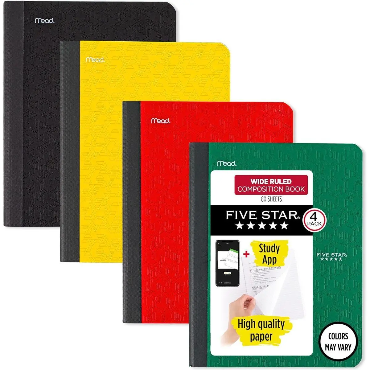 Composition Book + Study App, 4 Pack, Wide Ruled Paper, 7-1/2" x 9-3/4", 80 Sheets, Forest Green, Tidewater Blue, Fire Red and Harvest Yellow (950033B-ECM)