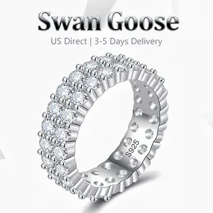 S925 Sterling Silver Unisex-Eternity Ring Band Round-Cut 5A Cubic Zirconia Tennis Band All-Around Wedding Engagement Iced Out Band Stacking Ring for Women and Men