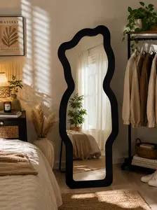 60"x20" Full Length Mirror Freestanding Full Body Floor Mirror, Black Irregular Wavy Mirror, Modern Asymmetrical Statement Mirror for Bedroom, Living Room, Dressing Room & Entryway, HD Reflection