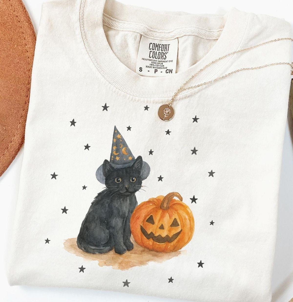 Comfort Colors Cat Halloween T-Shirt, Retro Black Cat Graphic Tee, Pumpkin Spooky Season Shirt, Vintage Fall Halloween Apparel, Cute Cat Lover Gift, Cozy Autumn Top for Women & Men
