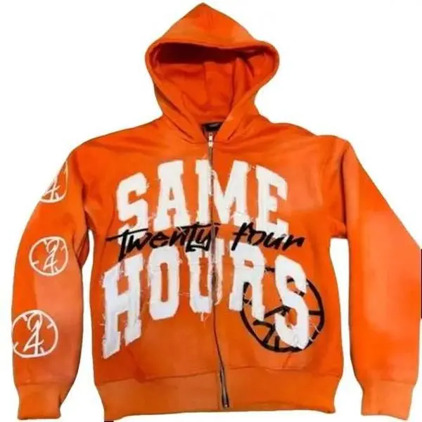 Menswear Retro Y2K Harajuku Letter Zip-Up Hoodie - Long Sleeve, Regular Fit, Foldable, Plus Size, Designer Orange, Machine Washable, Athletic Casual Autumn-Winter Top for Motocross Enthusiasts, Halloween, Thanksgiving