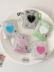 Sweet Girl 2 Inch Transparent Photo Album Heart Keychain Charm, Student ID Card Holder, Y2K Glitter Mini Card Bag Hanging Accessory, Trendy Cute Keychain Kawaii