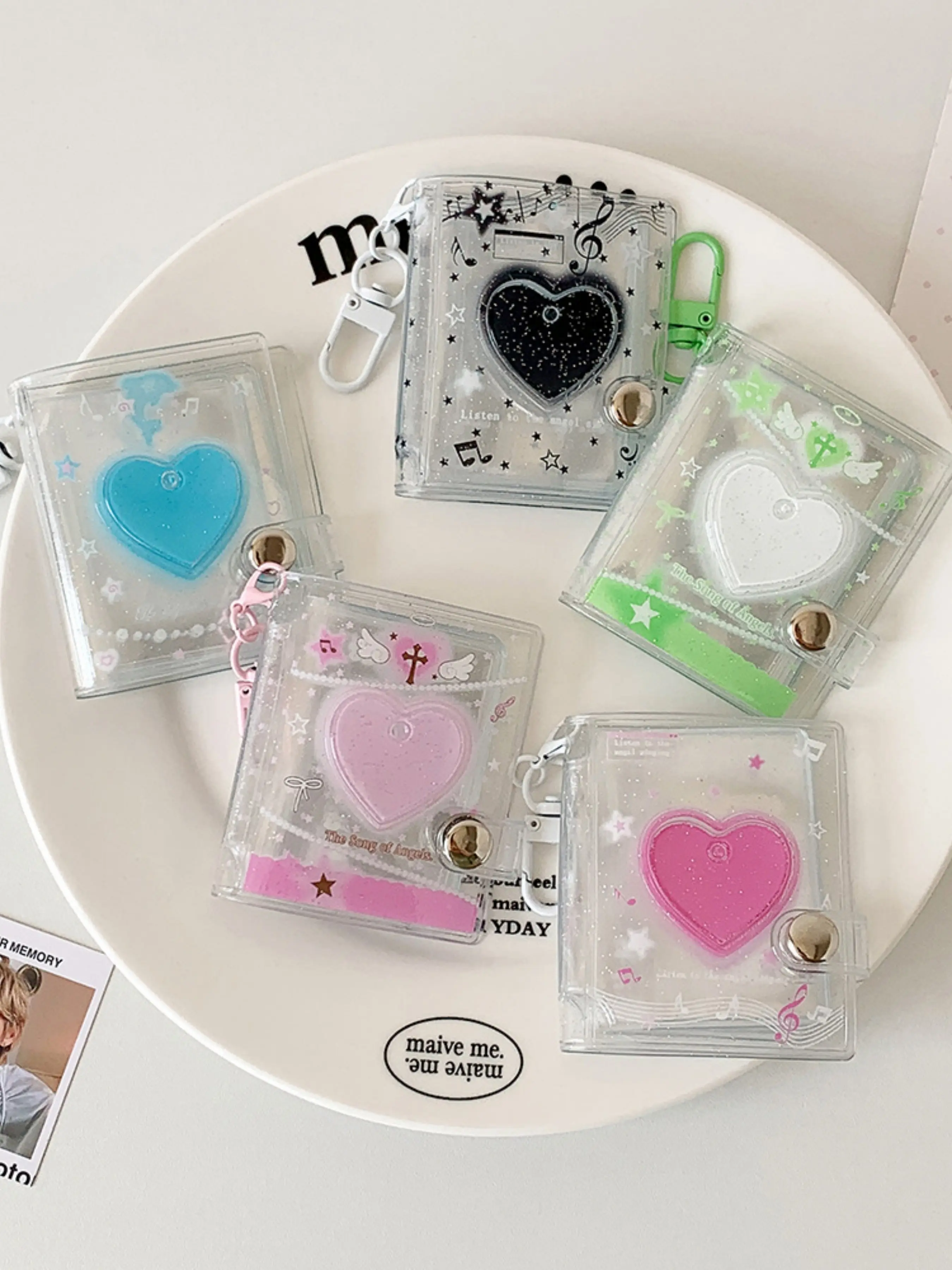 Sweet Girl 2 Inch Transparent Photo Album Heart Keychain Charm, Student ID Card Holder, Y2K Glitter Mini Card Bag Hanging Accessory, Trendy Cute Keychain Kawaii
