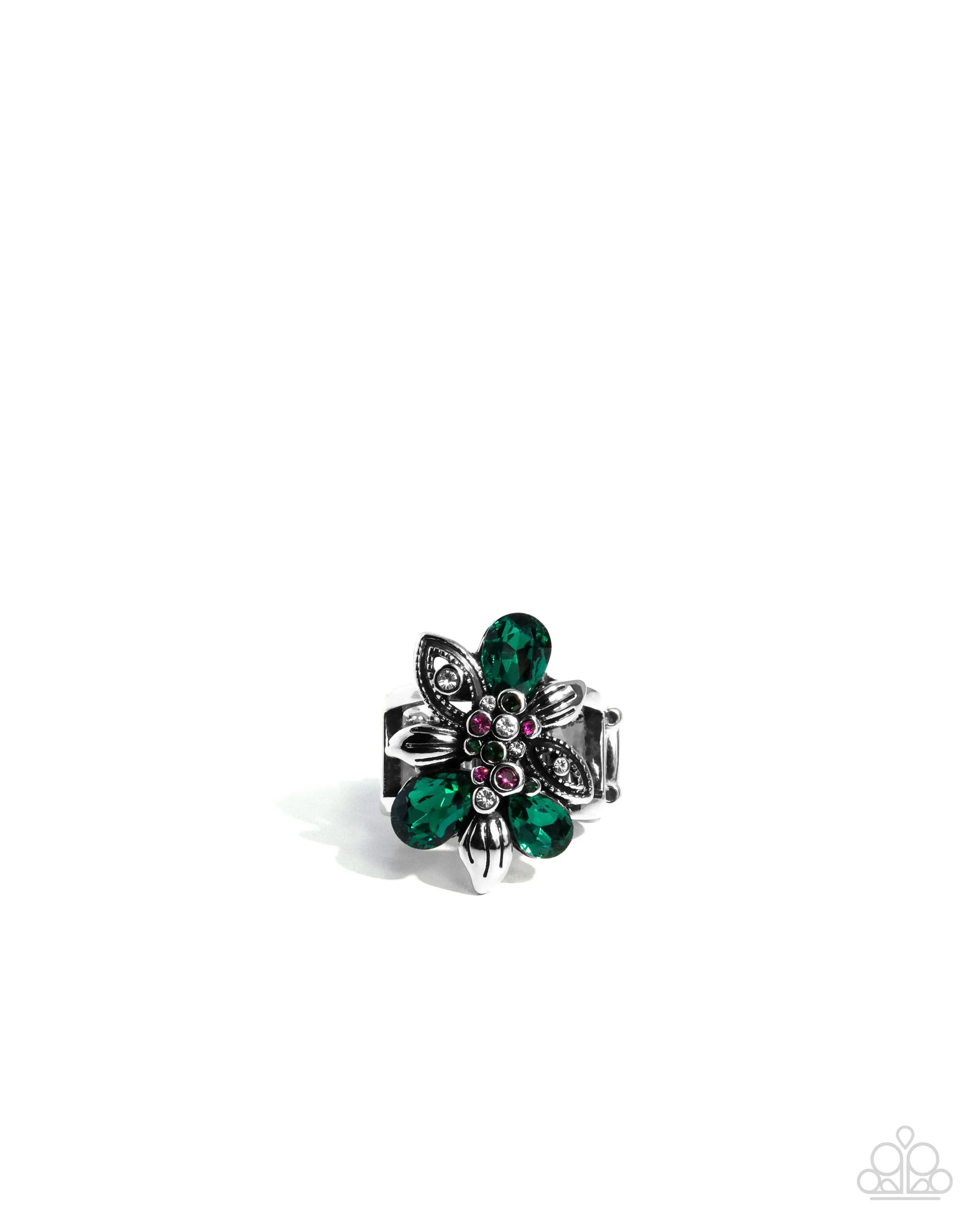Carefree Corsage - Green Rhinestone Silver Floral Ring - Paparazzi