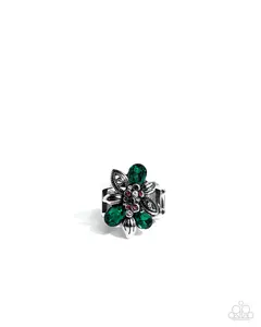 Carefree Corsage - Green Rhinestone Silver Floral Ring - Paparazzi