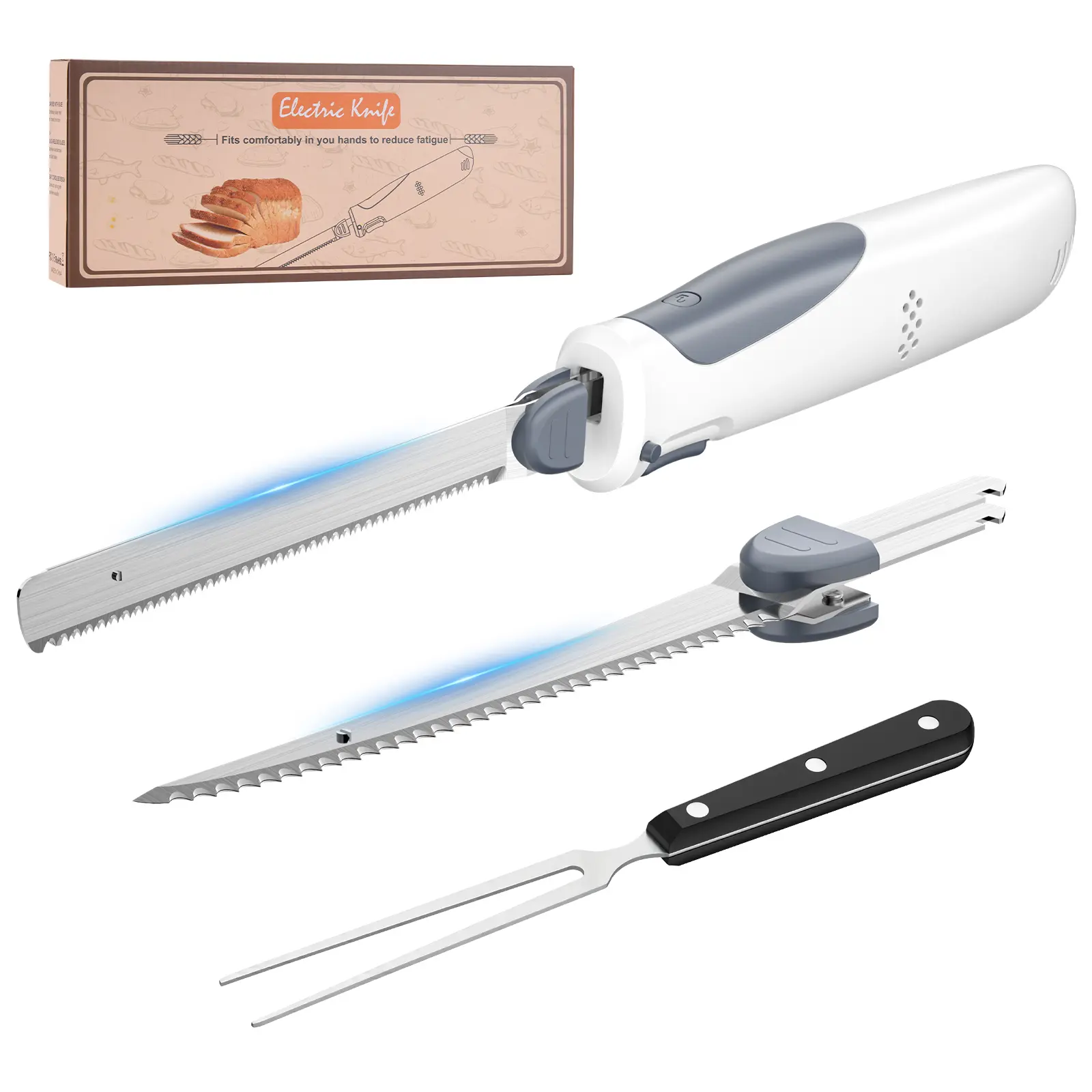 Cordless Electric Knife for Meat Slicing, 8V Electric Carving Knife for Fish, Bread, Turkey, Rechargeable Meat Cutter with Reciprocating Stainless Steel Blades, Safety Lock