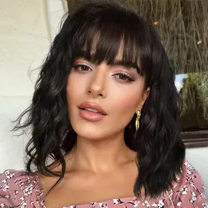 Black Curly Bob Wig with Bangs Short Wavy Color Wigs for Women Bob Style Synthetic Heat Resistant Bob Wigs Daily Holiday Use
