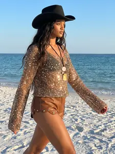VIBEERA  women's rhinestone mesh loose top, sequined crochet mesh dress, suitable for the beach, parties, and club outfits.