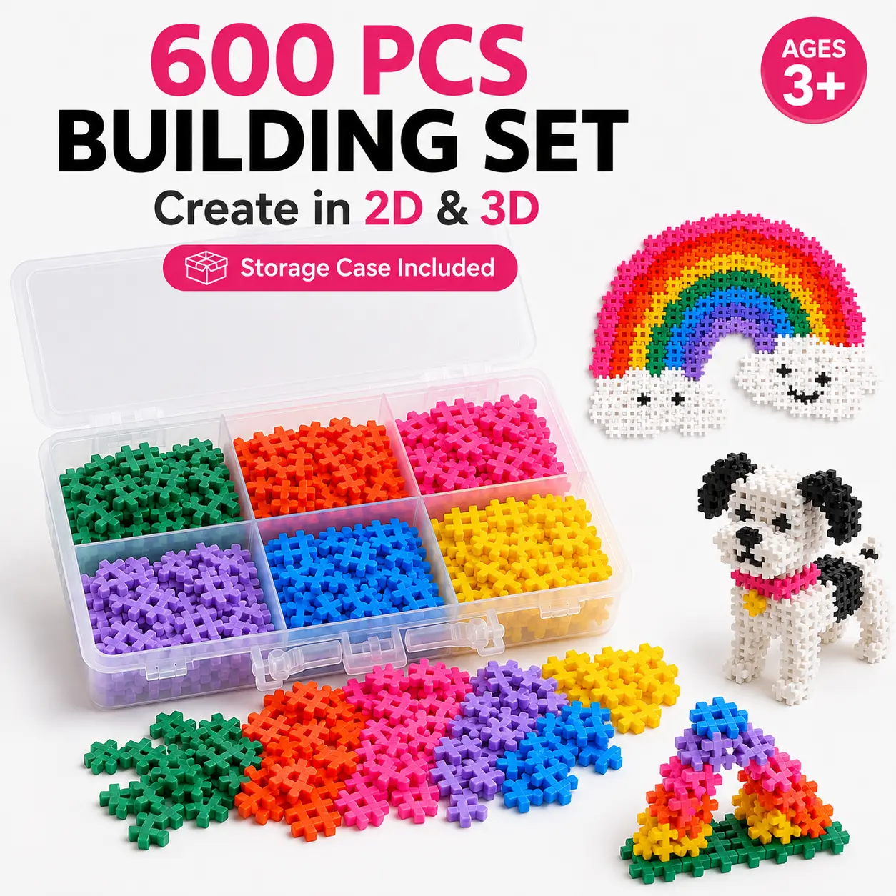 600PCS Interlocking Building Blocks Set for Kids with Storage Case 2D & 3D Creative Construction Toy Travel Activity Set Ages 3+ Buildable Blocks Kit Diy Building Block Bricker Build Sets Model Building Set