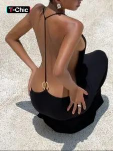 Women's Plain Backless Transparent Fashion Sexy Halter Dress, Casual Summer Sleeveless Top, Elegant Daily Wear, Lady, Backless Crisscross Dress