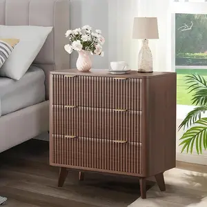 32" Width Fluted Nightstand, Modern 3 Drawer Bedside Table with Gold Handle and Large Drawer, Wood Chest of Bedside Table with Curved Profile, End Table for Bedroom, Living Room, Hallway